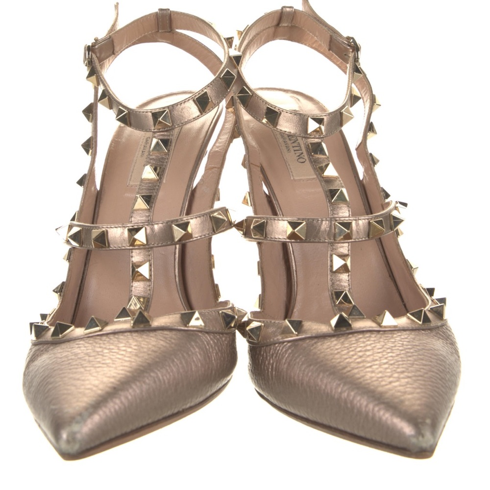 Valentino Leather T-Strap Pumps . Gold and metallic